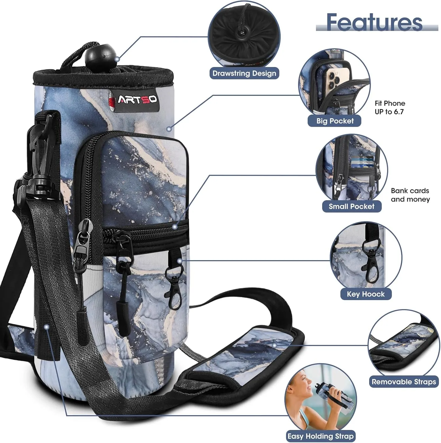 ARTSO Water Bottle Carrier Bag Sling Holder Pouch, 25oz 32oz 40oz 64oz Insulated Water Bottle Sleeve Case Cover with Adjustable Shoulder Hand Strap Pocket for Men Women (40oz,Gilt Dark Blue Marble)