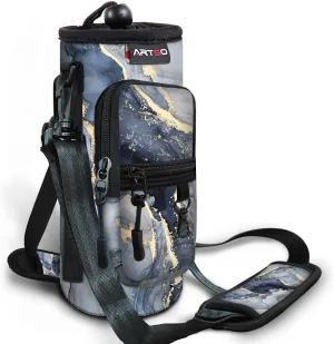 ARTSO Water Bottle Carrier Bag Sling Holder Pouch, 25oz 32oz 40oz 64oz Insulated Water Bottle Sleeve Case Cover with Adjustable Shoulder Hand Strap Pocket for Men Women (40oz,Gilt Dark Blue Marble)