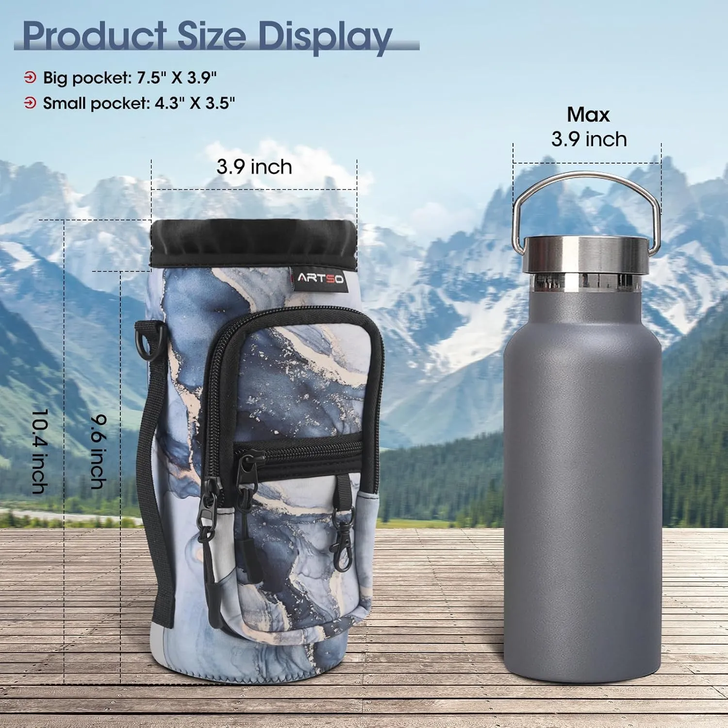 ARTSO Water Bottle Carrier Bag Sling Holder Pouch, 25oz 32oz 40oz 64oz Insulated Water Bottle Sleeve Case Cover with Adjustable Shoulder Hand Strap Pocket for Men Women (40oz,Gilt Dark Blue Marble)