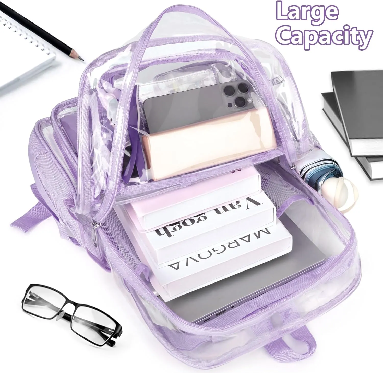 Attmu Clear Backpack, Heavy Duty PVC Clear Bag for Stadium Events with Shoulder Straps, Large Bookbag with Dual Zippered Compartments & Mesh Side Pockets for School, Travel, College, Work(Purple)