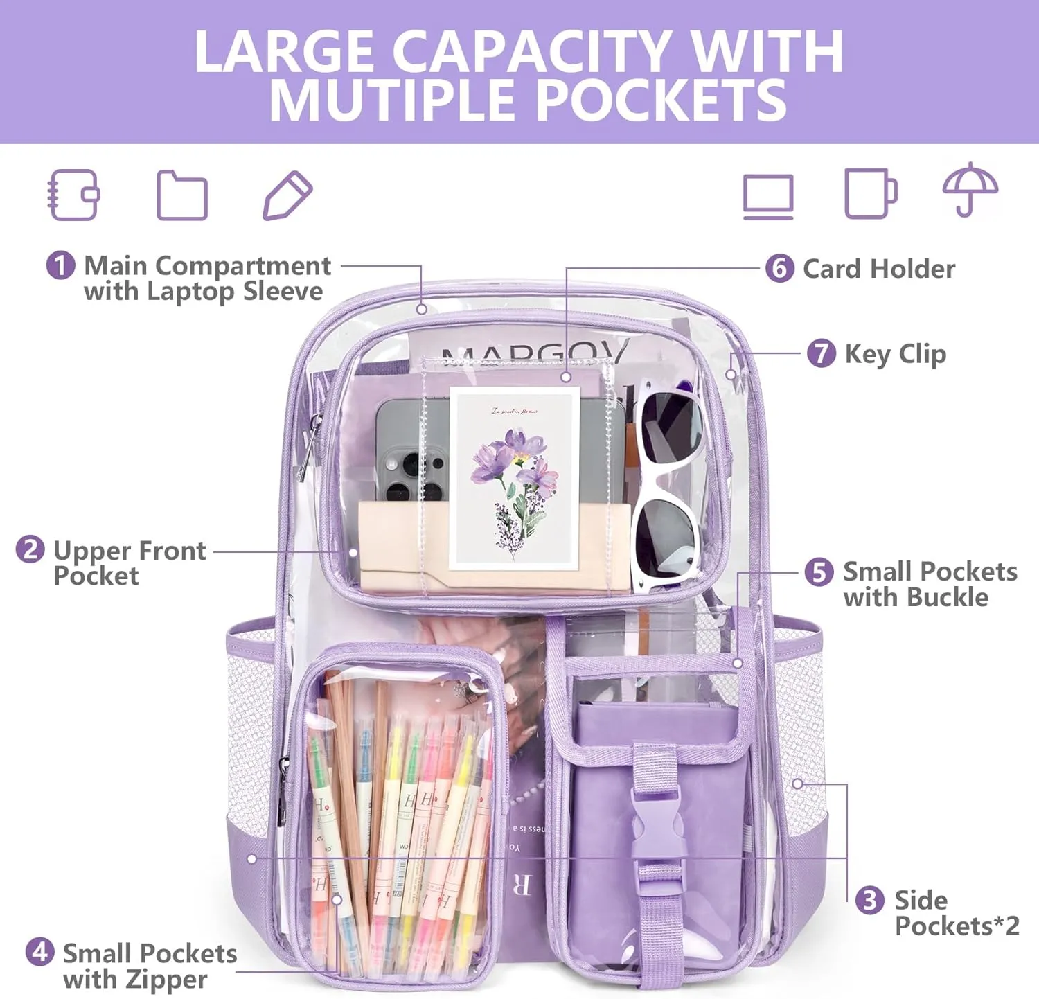 Attmu Clear Backpack, Heavy Duty PVC Clear Bag for Stadium Events with Shoulder Straps, Large Bookbag with Dual Zippered Compartments & Mesh Side Pockets for School, Travel, College, Work(Purple)