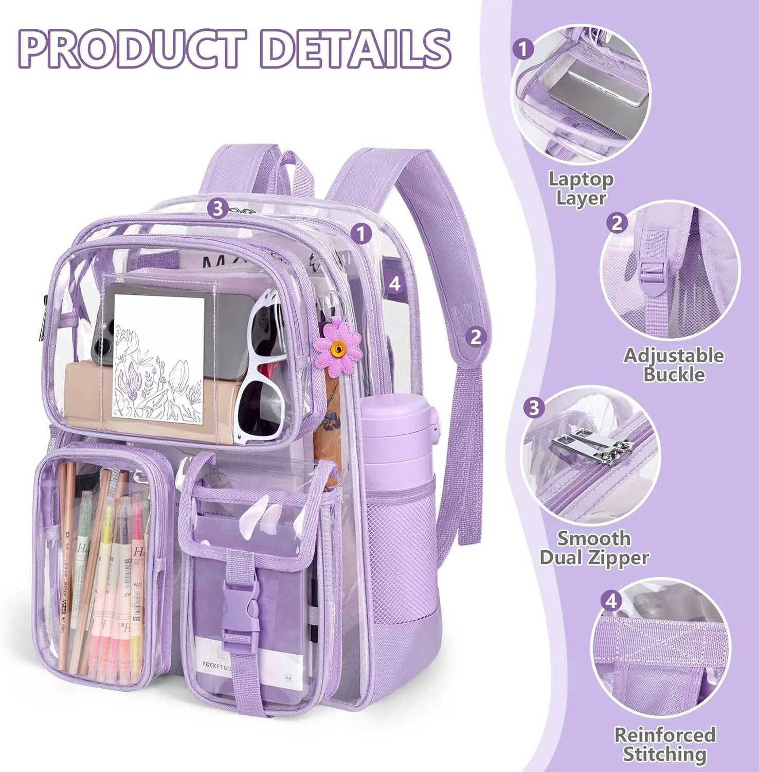 Attmu Clear Backpack, Heavy Duty PVC Clear Bag for Stadium Events with Shoulder Straps, Large Bookbag with Dual Zippered Compartments & Mesh Side Pockets for School, Travel, College, Work(Purple)