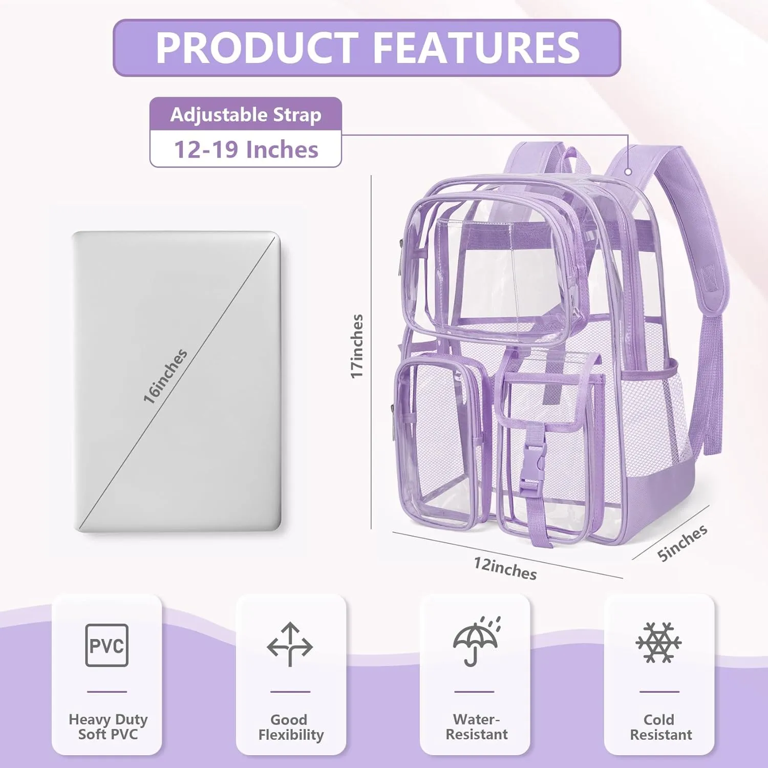 Attmu Clear Backpack, Heavy Duty PVC Clear Bag for Stadium Events with Shoulder Straps, Large Bookbag with Dual Zippered Compartments & Mesh Side Pockets for School, Travel, College, Work(Purple)