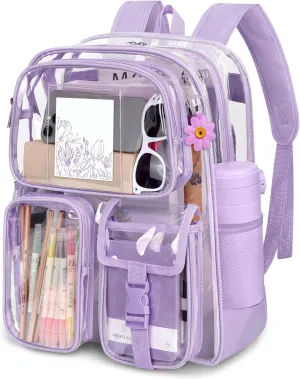 Attmu Clear Backpack, Heavy Duty PVC Clear Bag for Stadium Events with Shoulder Straps, Large Bookbag with Dual Zippered Compartments & Mesh Side Pockets for School, Travel, College, Work(Purple)