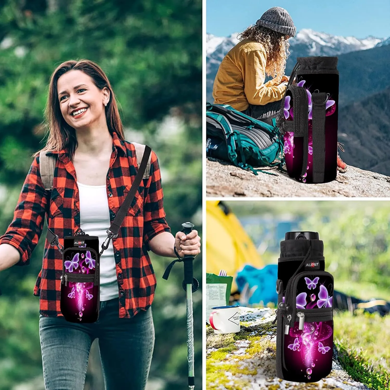 AUPET Water Bottle Sling Bag Sleeve Holder Carrier 25/32/40/64 oz,Insulated Crossbody Water Bottle Case Cover with Strap and Pockets for Men/Women Walking Hiking Camping
