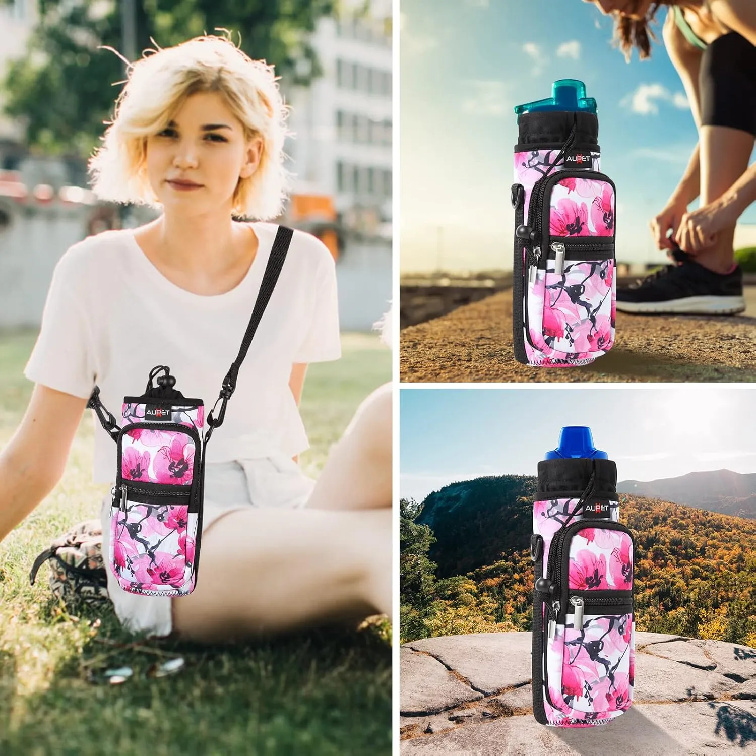 AUPET Water Bottle Sling Bag Sleeve Holder Carrier 25/32/40/64 oz,Insulated Crossbody Water Bottle Case Cover with Strap and Pockets for Men/Women Walking Hiking Camping