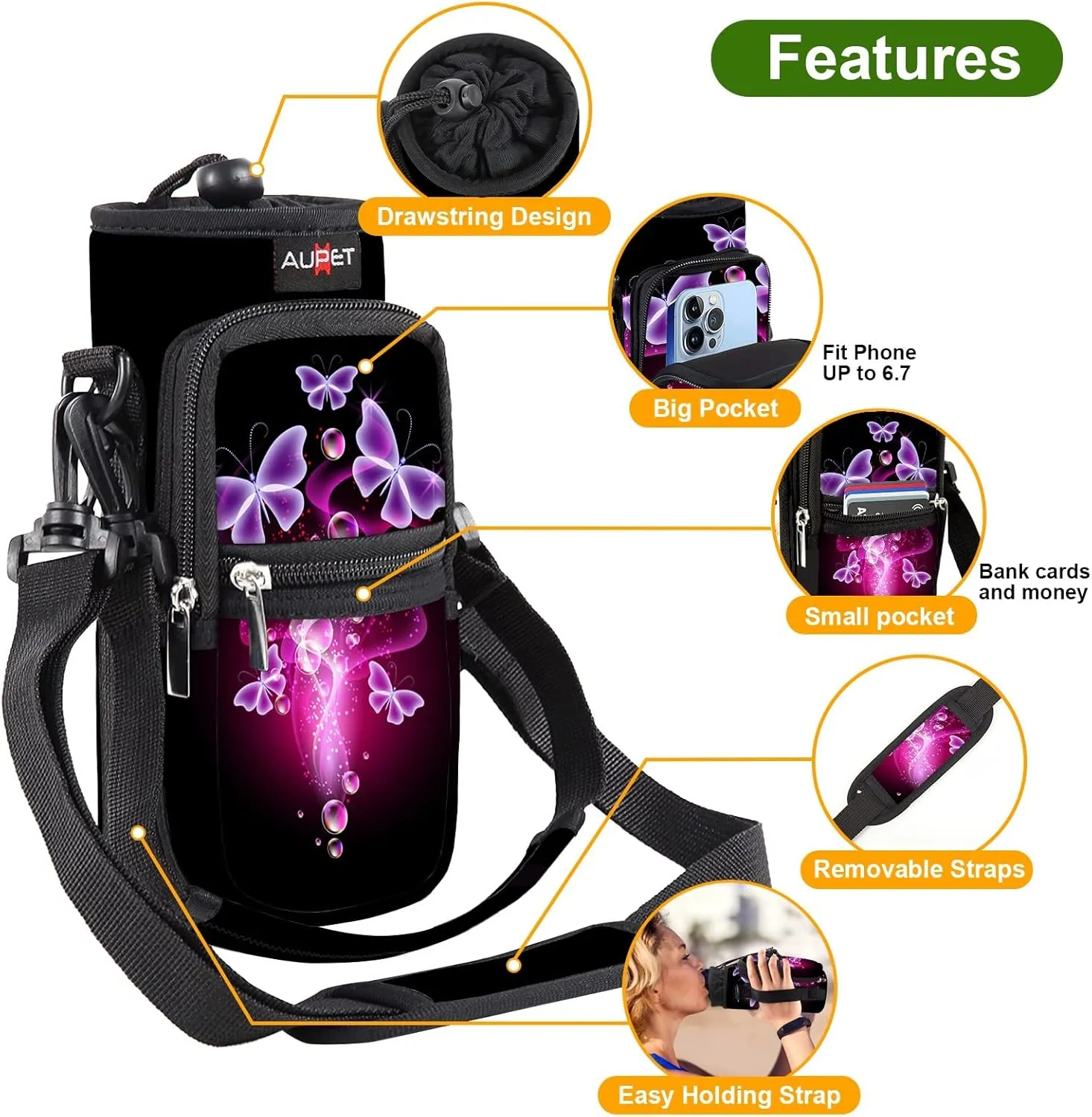 AUPET Water Bottle Sling Bag Sleeve Holder Carrier 25/32/40/64 oz,Insulated Crossbody Water Bottle Case Cover with Strap and Pockets for Men/Women Walking Hiking Camping
