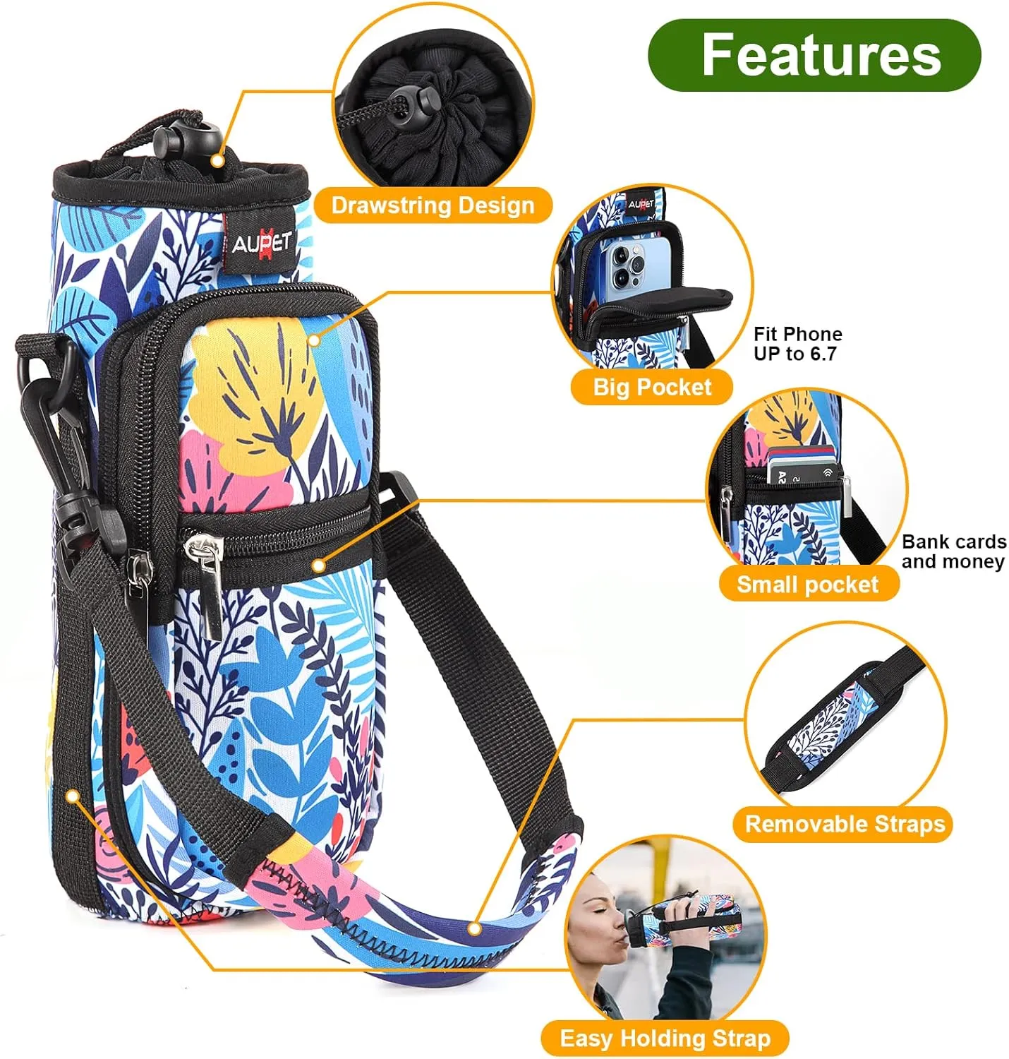 AUPET Water Bottle Sling Bag Sleeve Holder Carrier 25/32/40/64 oz,Insulated Crossbody Water Bottle Case Cover with Strap and Pockets for Men/Women Walking Hiking Camping