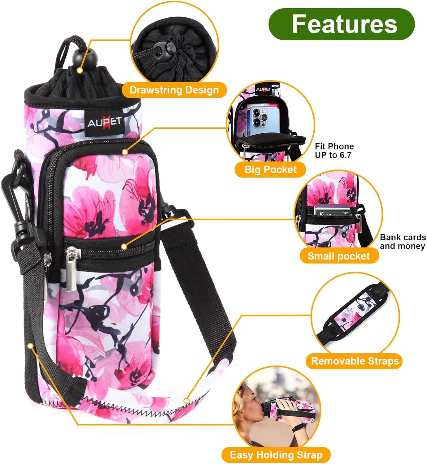 AUPET Water Bottle Sling Bag Sleeve Holder Carrier 25/32/40/64 oz,Insulated Crossbody Water Bottle Case Cover with Strap and Pockets for Men/Women Walking Hiking Camping