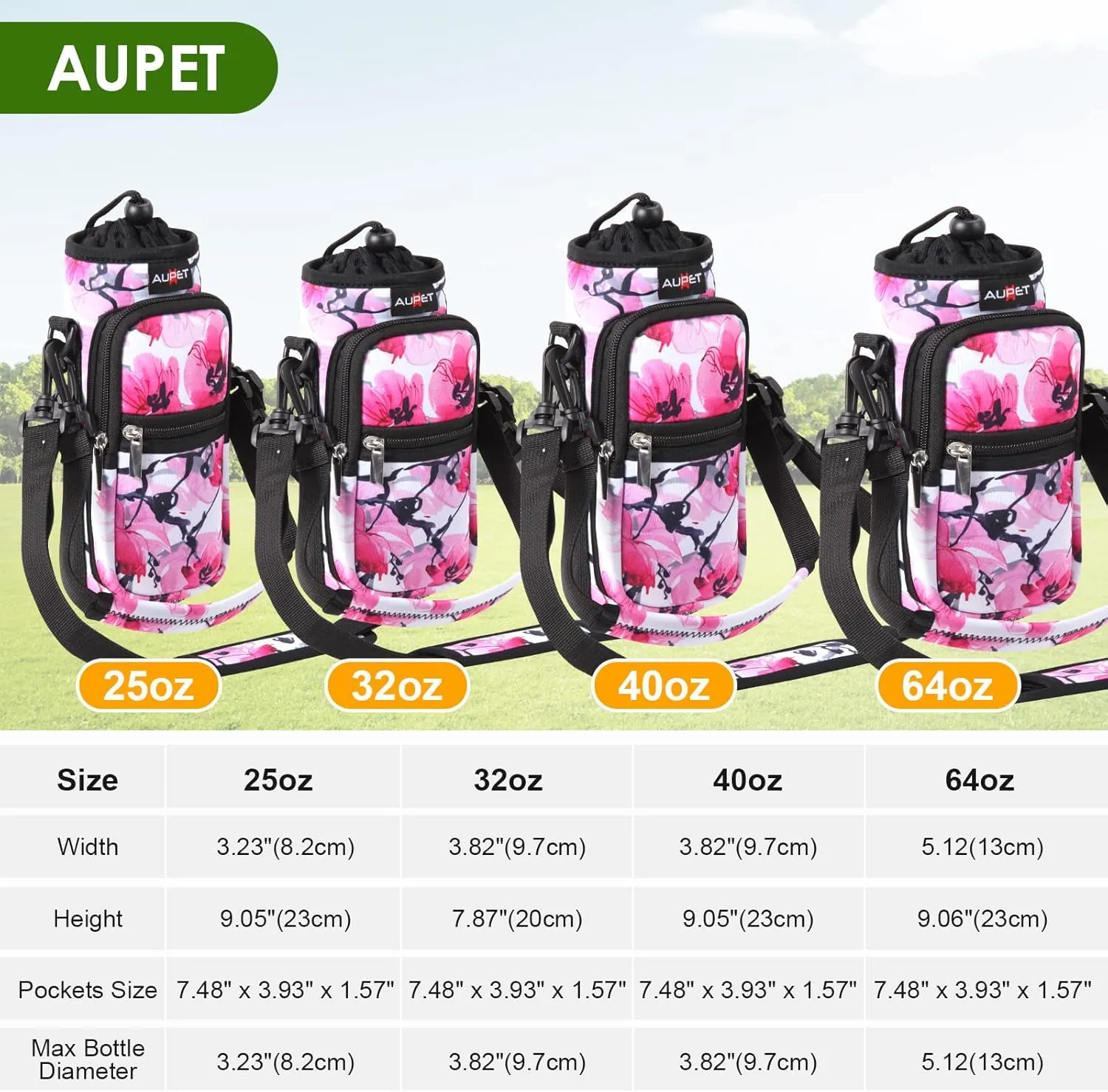 AUPET Water Bottle Sling Bag Sleeve Holder Carrier 25/32/40/64 oz,Insulated Crossbody Water Bottle Case Cover with Strap and Pockets for Men/Women Walking Hiking Camping
