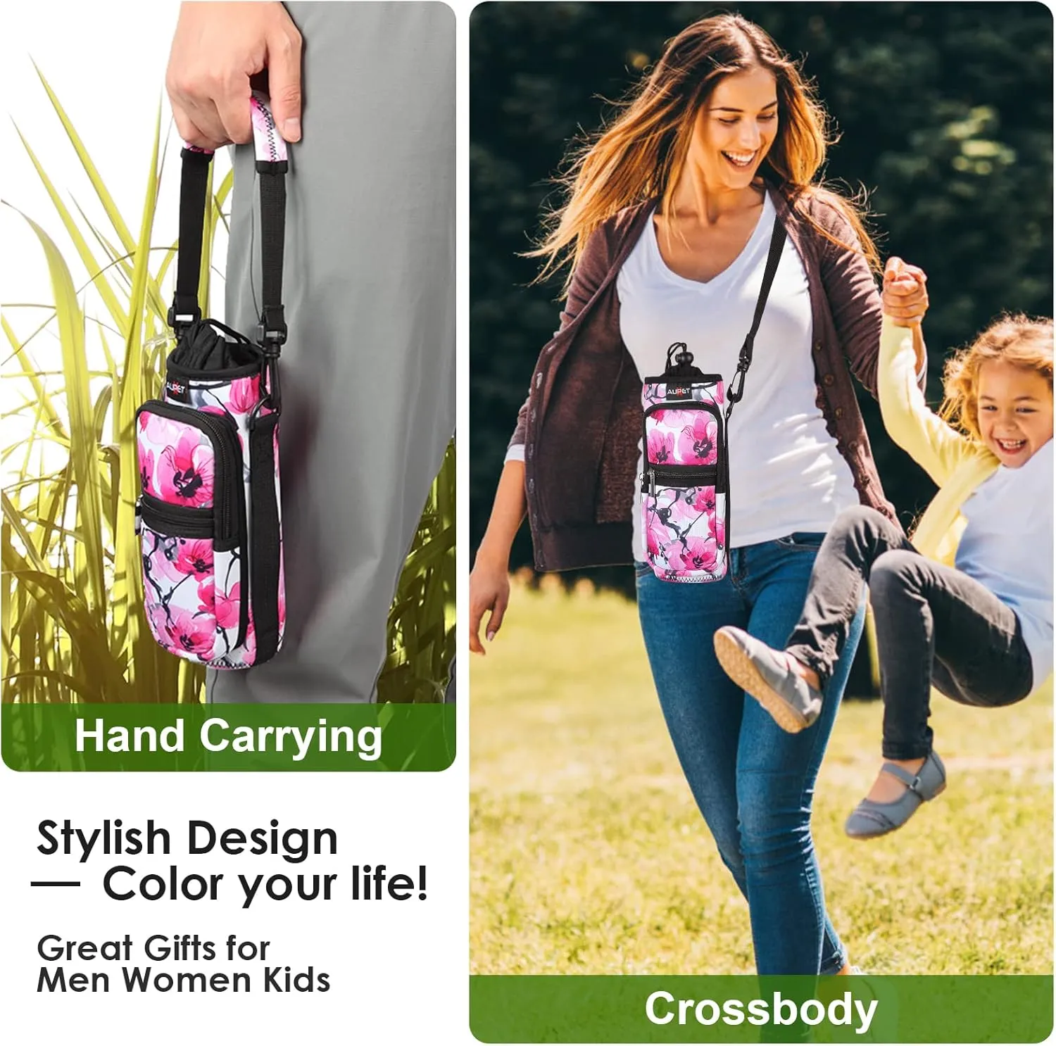 AUPET Water Bottle Sling Bag Sleeve Holder Carrier 25/32/40/64 oz,Insulated Crossbody Water Bottle Case Cover with Strap and Pockets for Men/Women Walking Hiking Camping