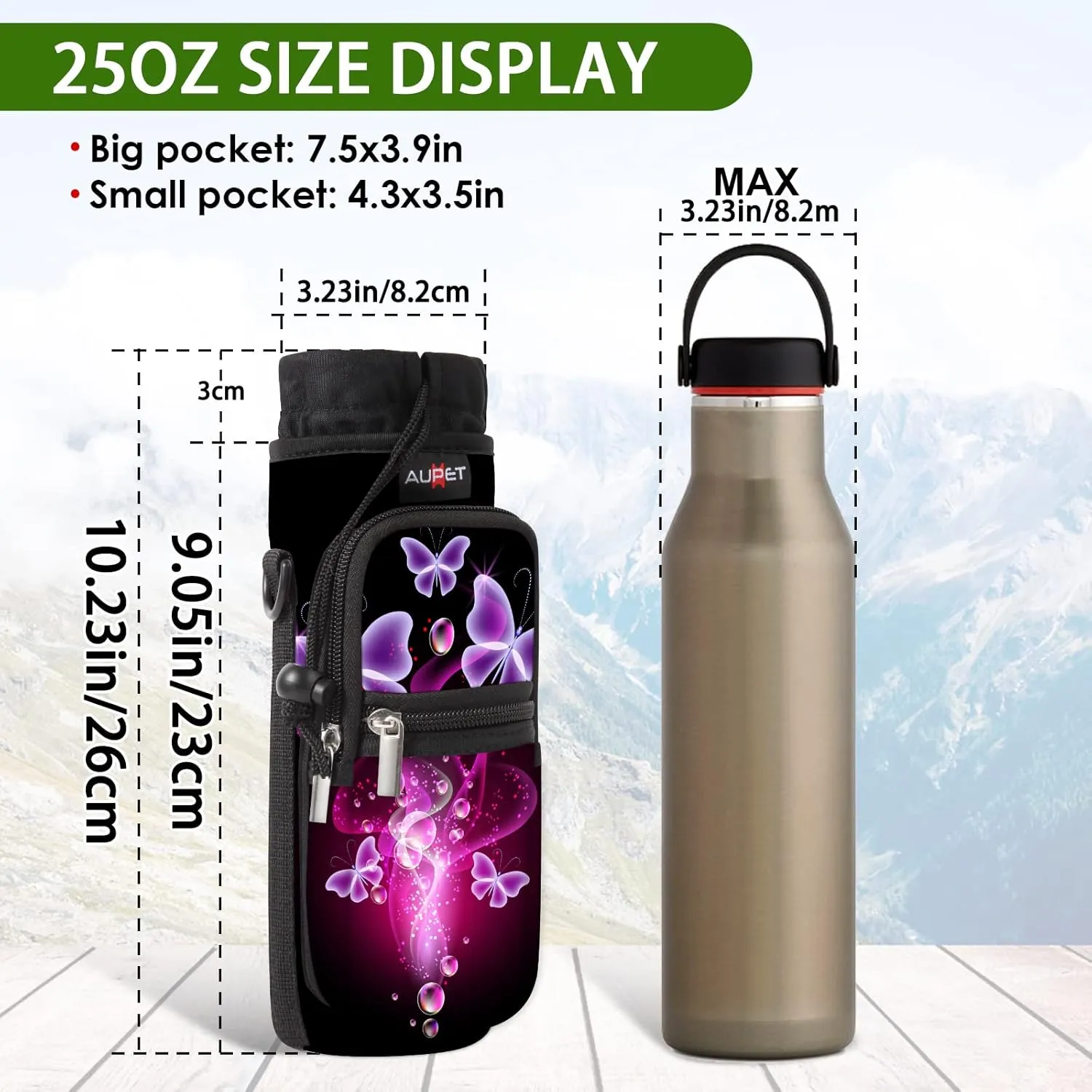 AUPET Water Bottle Sling Bag Sleeve Holder Carrier 25/32/40/64 oz,Insulated Crossbody Water Bottle Case Cover with Strap and Pockets for Men/Women Walking Hiking Camping