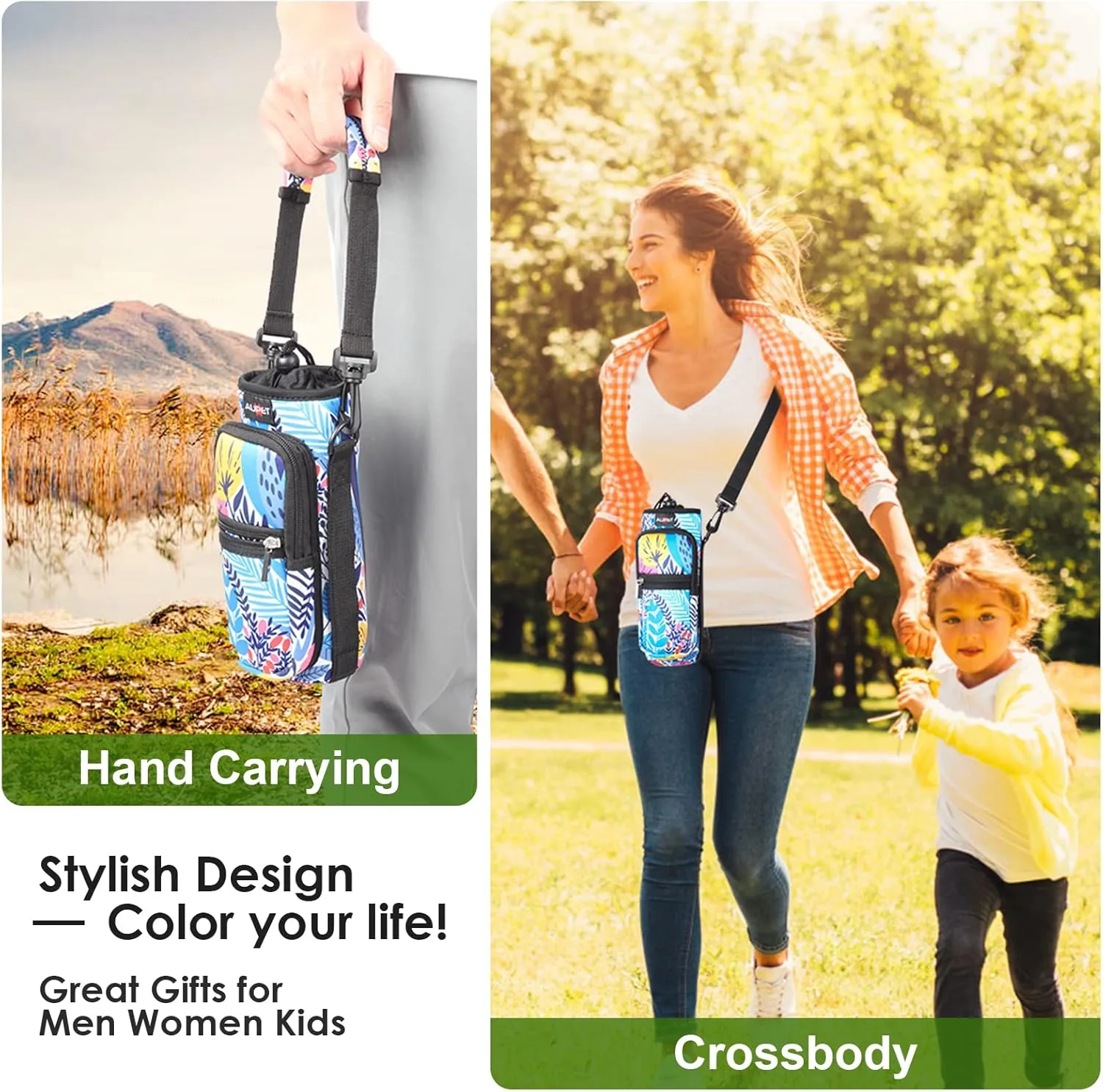 AUPET Water Bottle Sling Bag Sleeve Holder Carrier 25/32/40/64 oz,Insulated Crossbody Water Bottle Case Cover with Strap and Pockets for Men/Women Walking Hiking Camping
