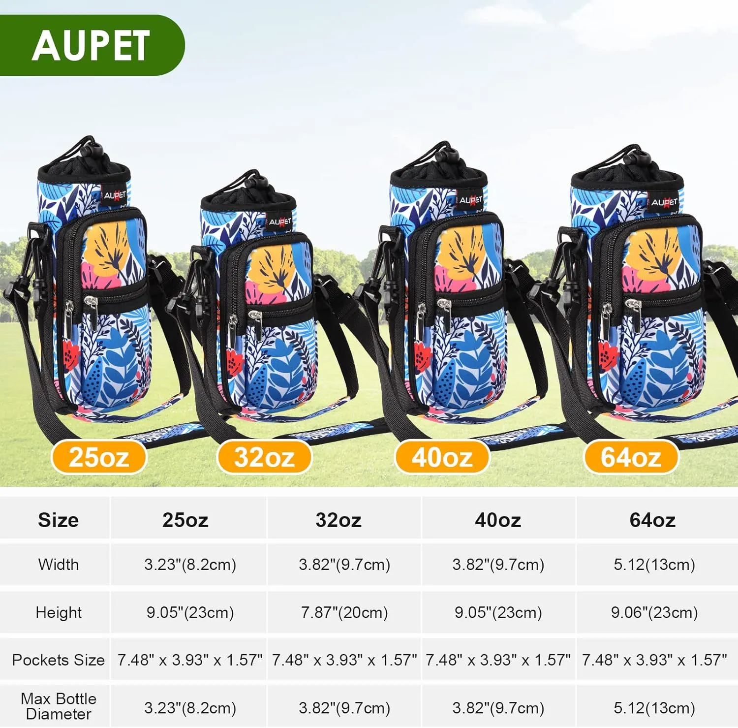 AUPET Water Bottle Sling Bag Sleeve Holder Carrier 25/32/40/64 oz,Insulated Crossbody Water Bottle Case Cover with Strap and Pockets for Men/Women Walking Hiking Camping