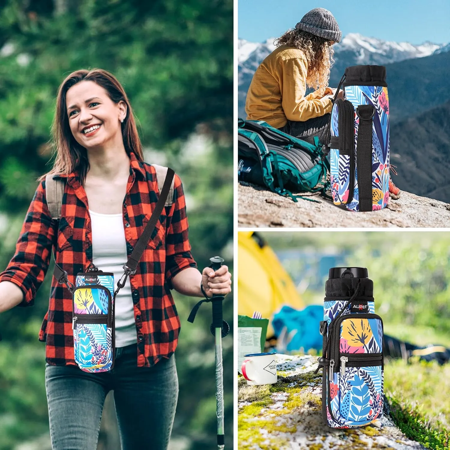 AUPET Water Bottle Sling Bag Sleeve Holder Carrier 25/32/40/64 oz,Insulated Crossbody Water Bottle Case Cover with Strap and Pockets for Men/Women Walking Hiking Camping
