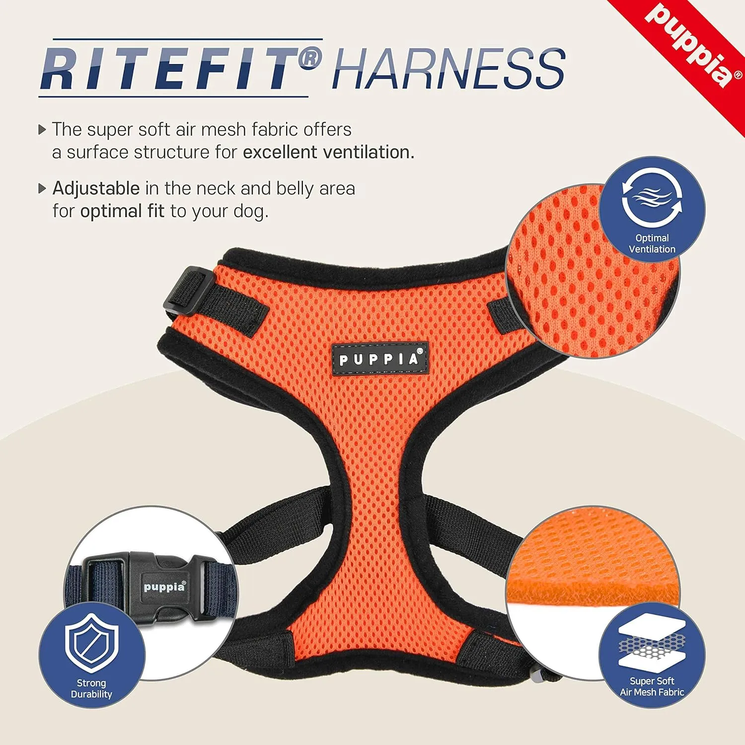 Authentic Puppia RiteFit Harness with Adjustable Neck, Navy, Small