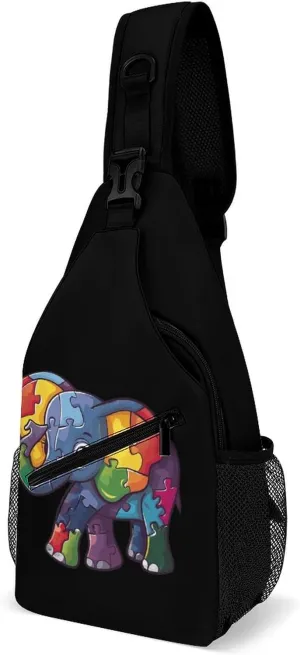 Autism Awareness Puzzle Elephant Sling Backpack Crossbody Chest Bag Print Shoulder Bag Travel Daypack for Sports Running Hiking