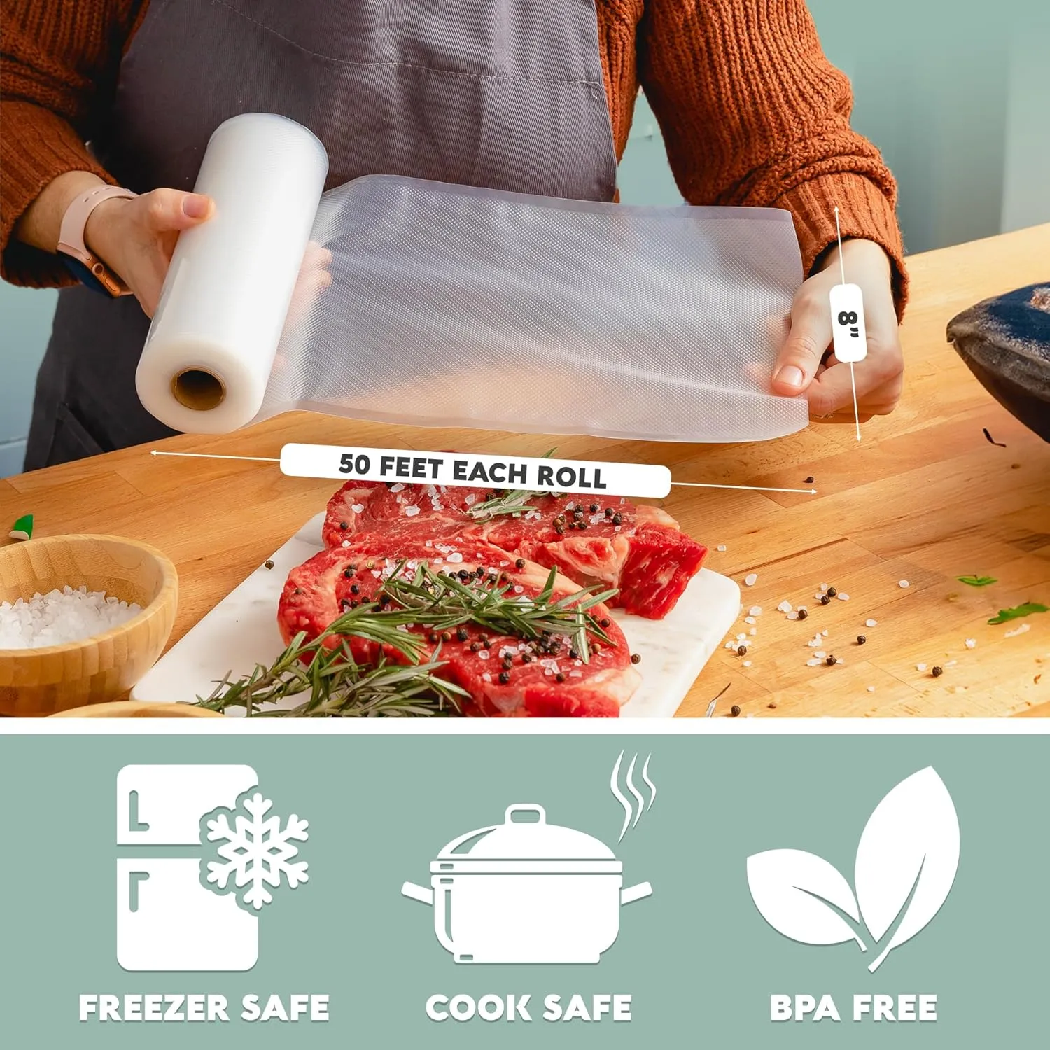 Avid Armor Vacuum Seal Rolls, Vac Seal Bags for Food Storage, Meal Saver Freezer Vacuum Sealer Bags, Sous Vide Bags Vacuum Sealer, Non-BPA Vacuum Sealer Bags, 8 inches by 50 feet, Pack of 2