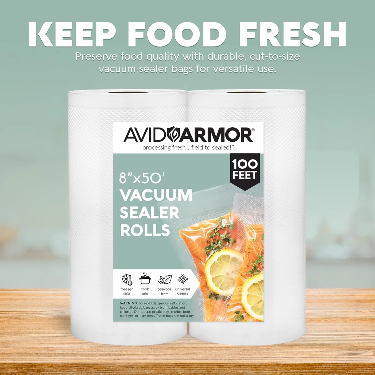 Avid Armor Vacuum Seal Rolls, Vac Seal Bags for Food Storage, Meal Saver Freezer Vacuum Sealer Bags, Sous Vide Bags Vacuum Sealer, Non-BPA Vacuum Sealer Bags, 8 inches by 50 feet, Pack of 2