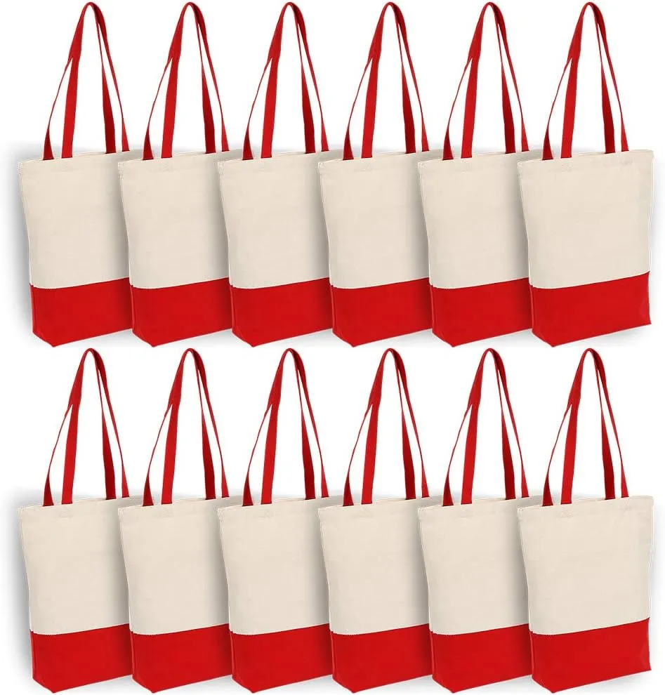 Azuca Heavy Duty 12 oz Cotton Canvas Bag with Bottom Gusset Grocery Beach Shopping Bag 17x14x4 Inches (Red - 12 Pack)