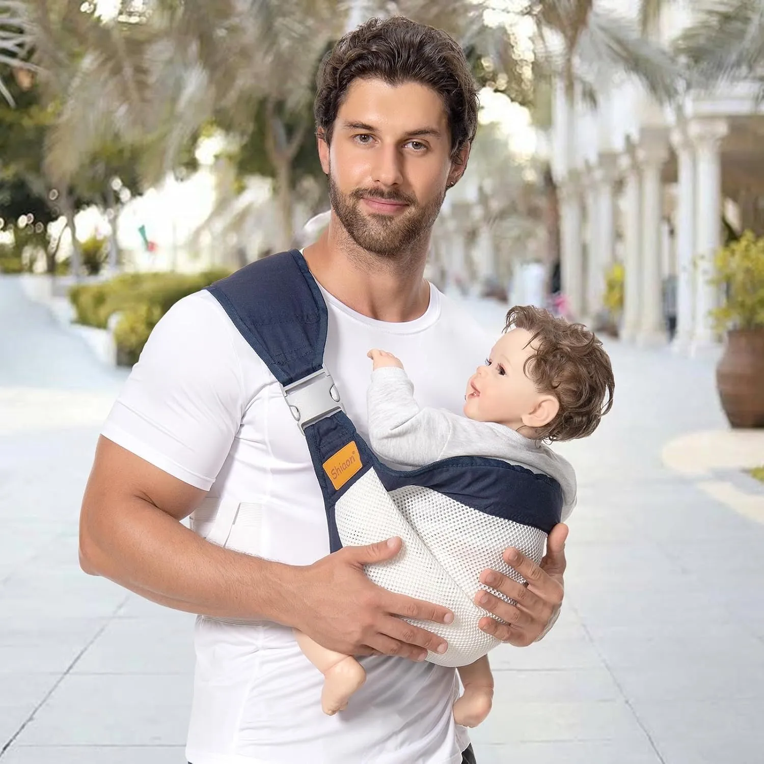 Baby Sling Carrier, Baby Carrier Newborn to Toddler(7-45lbs), Toddler Carrier with Safety Buckle, One Shoulder Adjustable Shoulder Strap, One Size Fits All, Mesh Blue