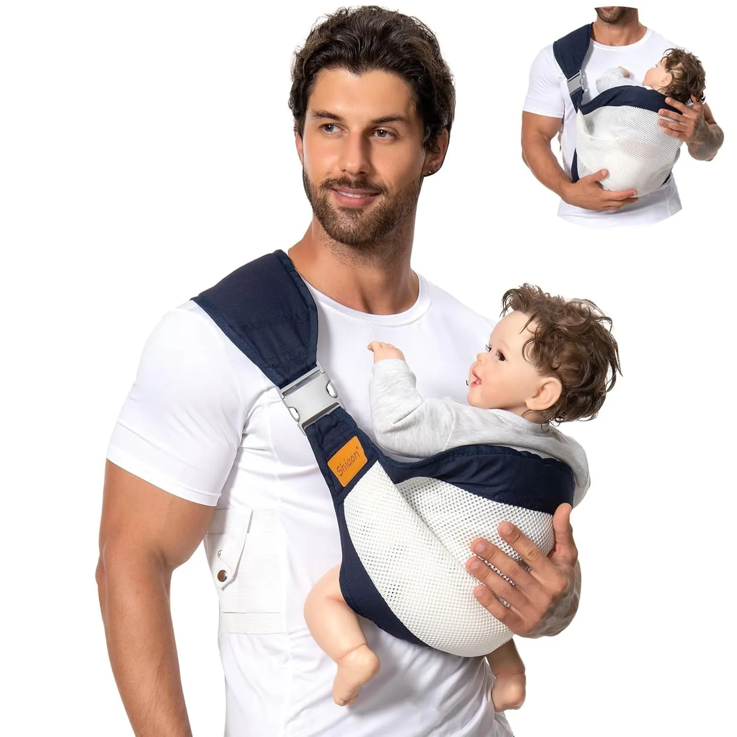 Baby Sling Carrier, Baby Carrier Newborn to Toddler(7-45lbs), Toddler Carrier with Safety Buckle, One Shoulder Adjustable Shoulder Strap, One Size Fits All, Mesh Blue