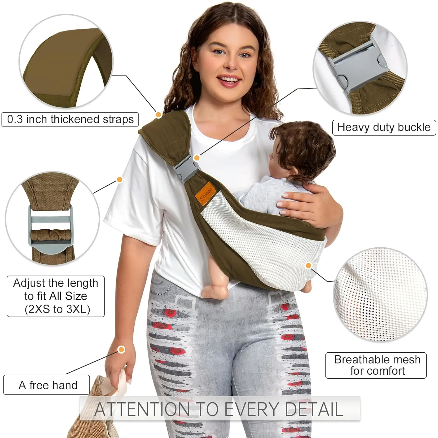 Baby Sling Carrier, Baby Carrier Newborn to Toddler(7-45lbs), Toddler Carrier with Safety Buckle, One Shoulder Adjustable Shoulder Strap, One Size Fits All, Mesh Brown