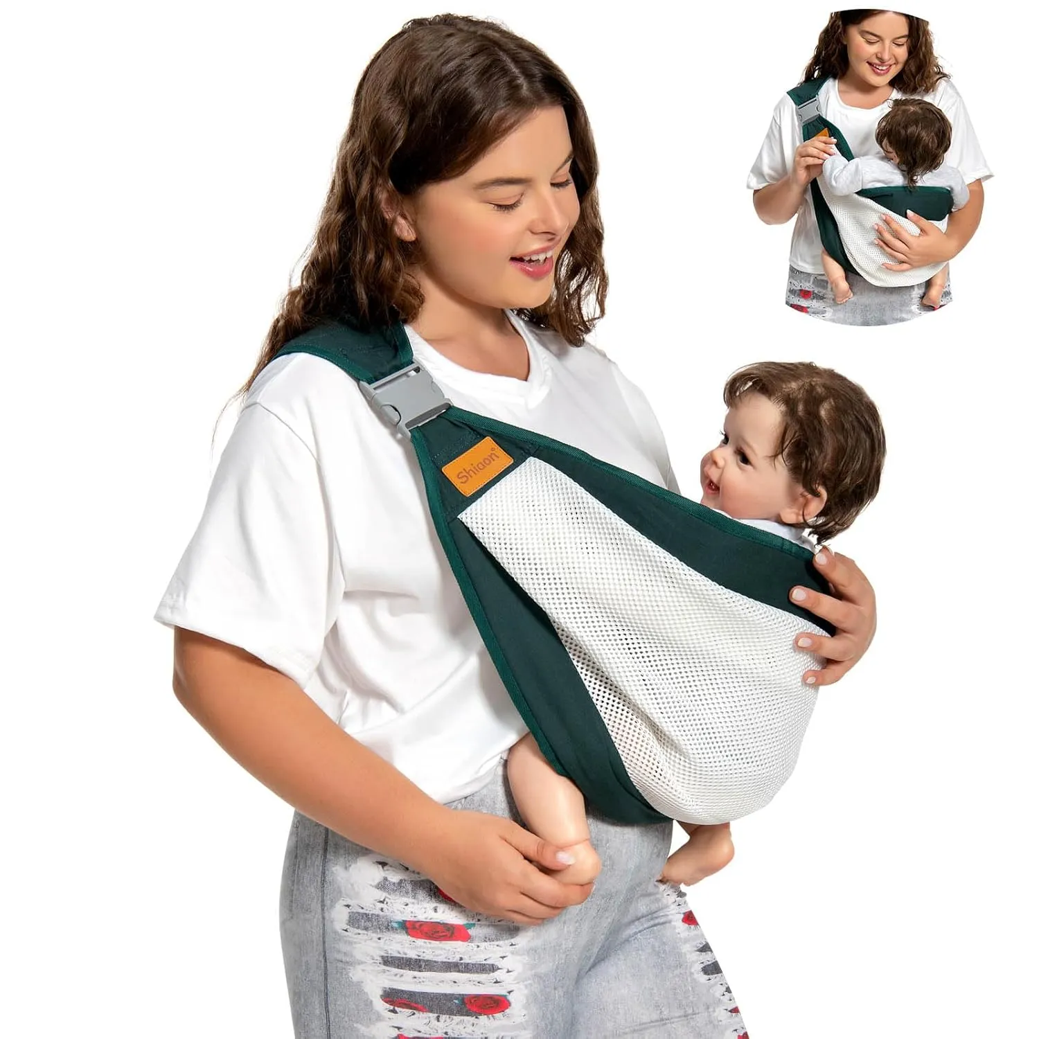 Baby Sling Carrier, Baby Carrier Newborn to Toddler(7-45lbs), Toddler Carrier with Safety Buckle, One Shoulder Adjustable Shoulder Strap, One Size Fits All, Mesh Dark Green
