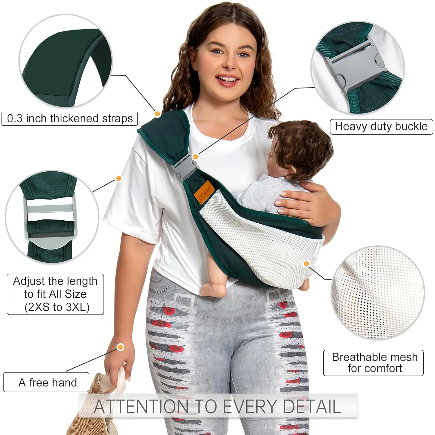 Baby Sling Carrier, Baby Carrier Newborn to Toddler(7-45lbs), Toddler Carrier with Safety Buckle, One Shoulder Adjustable Shoulder Strap, One Size Fits All, Mesh Dark Green