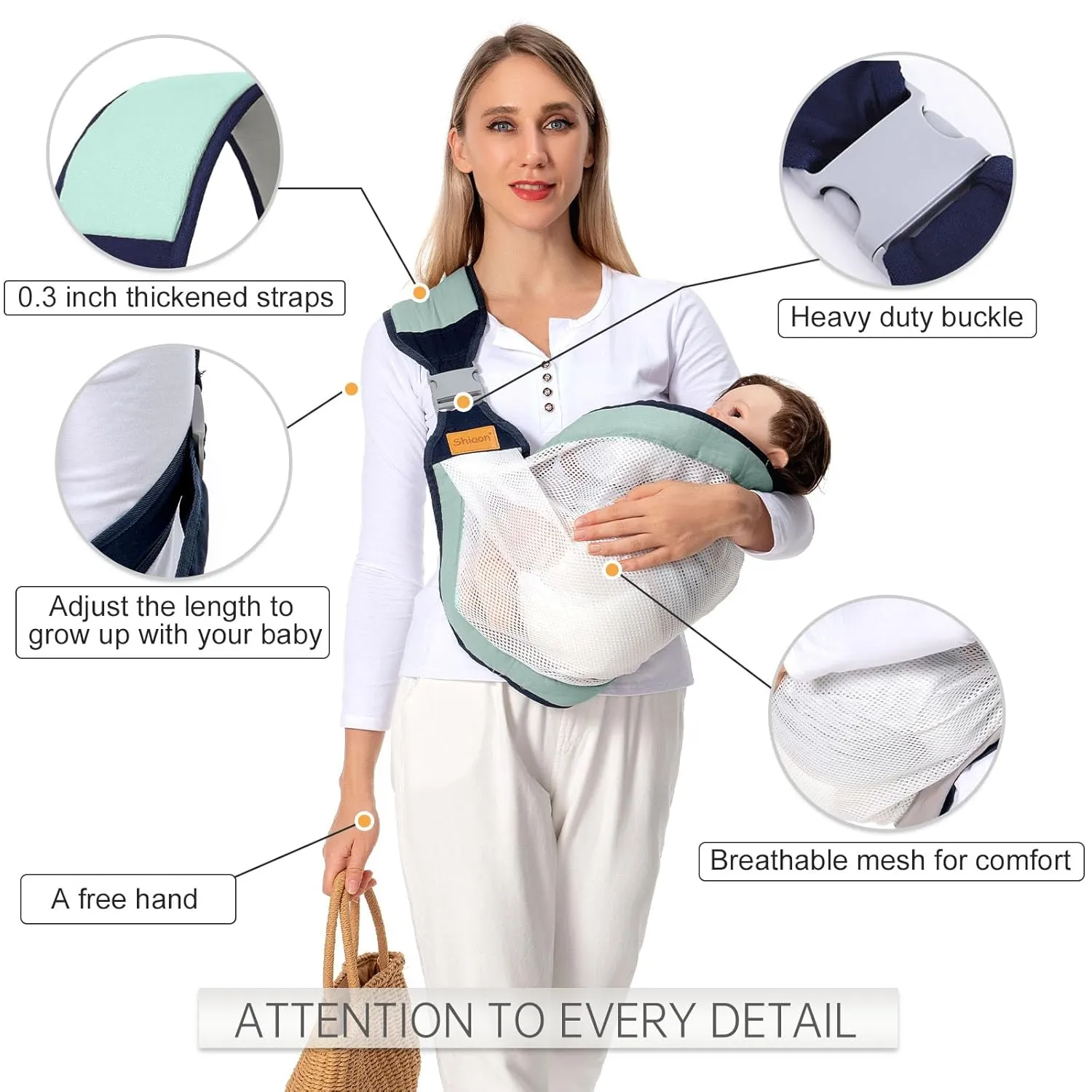 Baby Sling Carrier, Baby Carrier Newborn to Toddler(7-45lbs), Toddler Carrier with Safety Buckle, One Shoulder Adjustable Shoulder Strap, One Size Fits All, Mesh Green