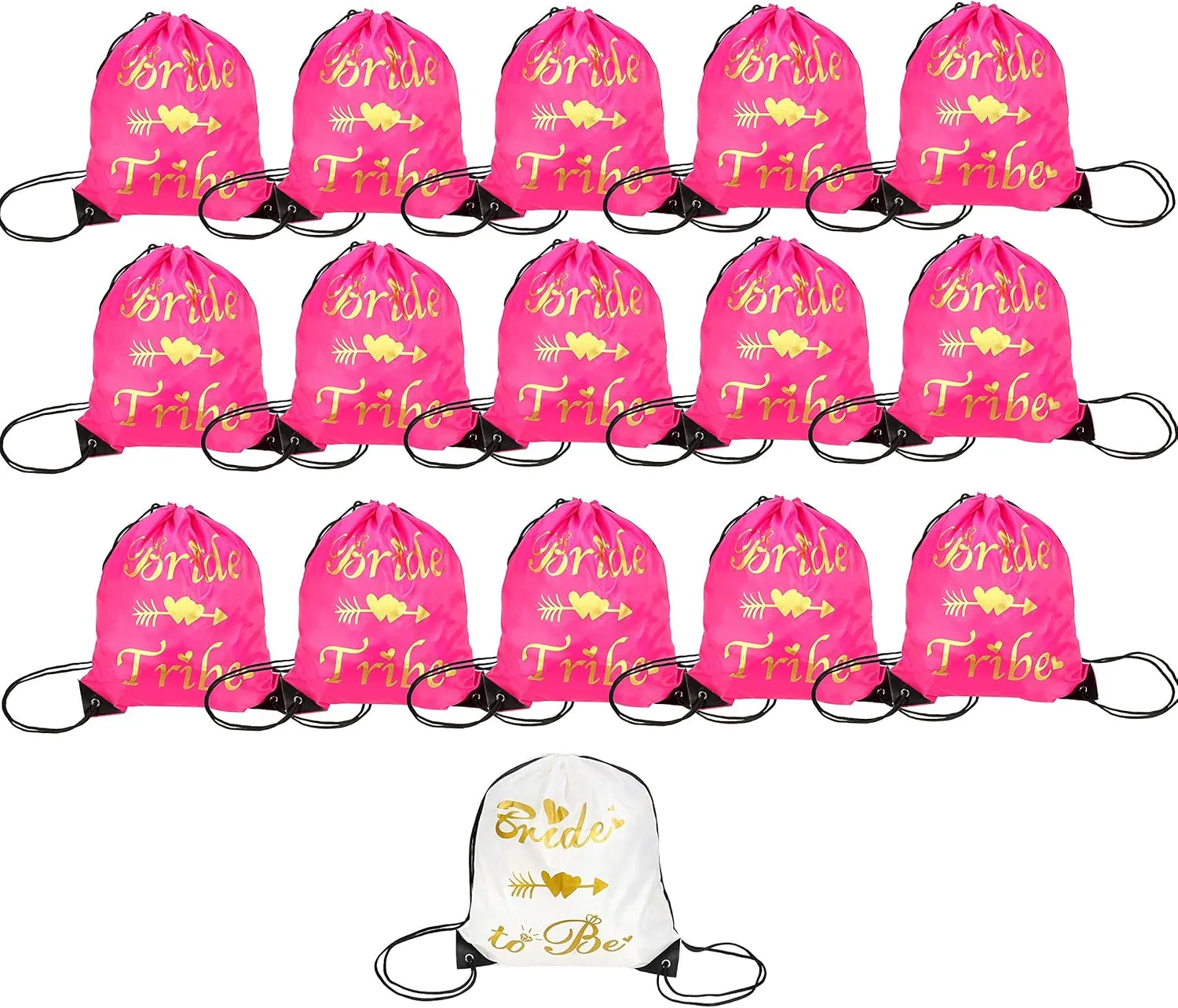 Bachelorette Party Drawstring Bag Set, 1 Bride to Be Gift Bag and 15 Bride Tribe Favor Backpacks for Bridal Shower, Wedding Party Bridesmaids Supplies (Pink, Pack of 16)