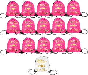 Bachelorette Party Drawstring Bag Set, 1 Bride to Be Gift Bag and 15 Bride Tribe Favor Backpacks for Bridal Shower, Wedding Party Bridesmaids Supplies (Pink, Pack of 16)