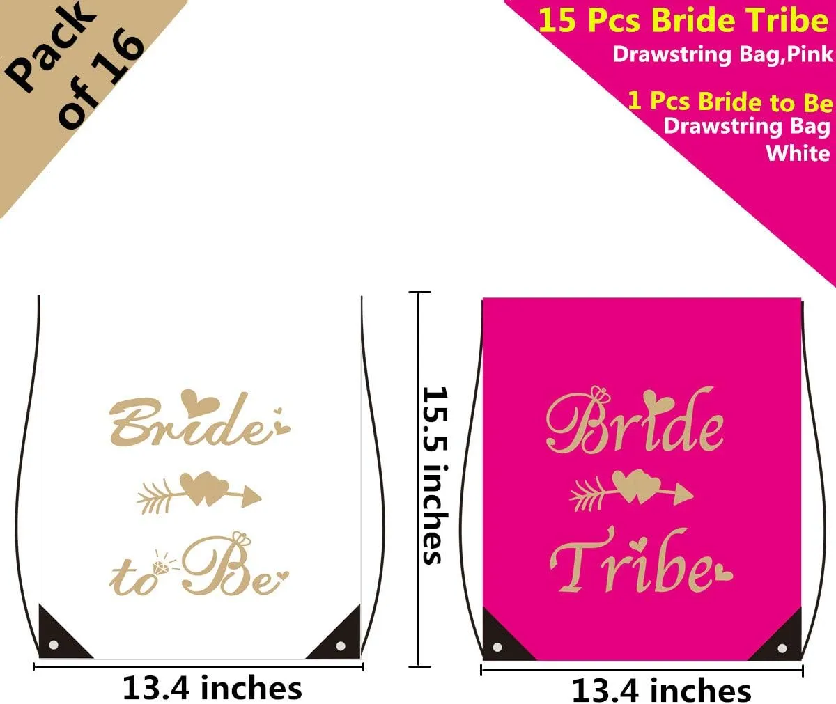 Bachelorette Party Drawstring Bag Set, 1 Bride to Be Gift Bag and 15 Bride Tribe Favor Backpacks for Bridal Shower, Wedding Party Bridesmaids Supplies (Pink, Pack of 16)