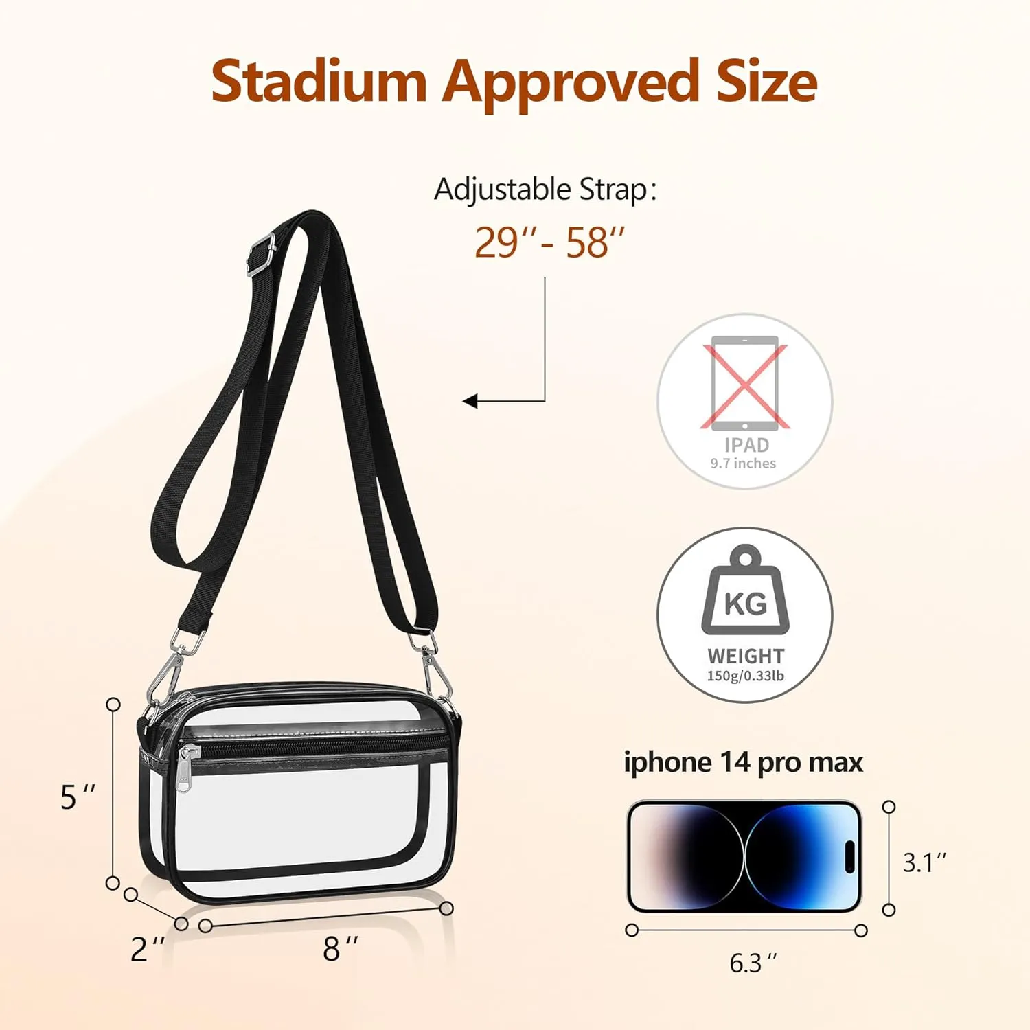 Bagenius Clear Bag for Stadium Events Clear Purse with Removable Strap Transparent Bag for Concert and Sport Events