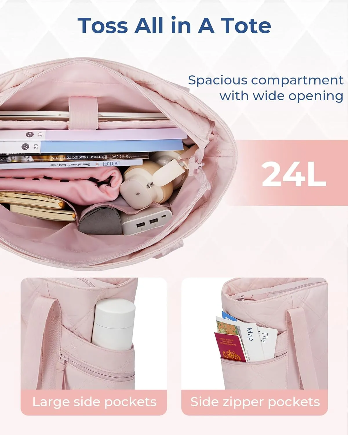 BAGSMART Tote Bag for Women, Puffer Work Tote with Zipper, Travel Essentials Quilted Nurse Travel Hospital Bag