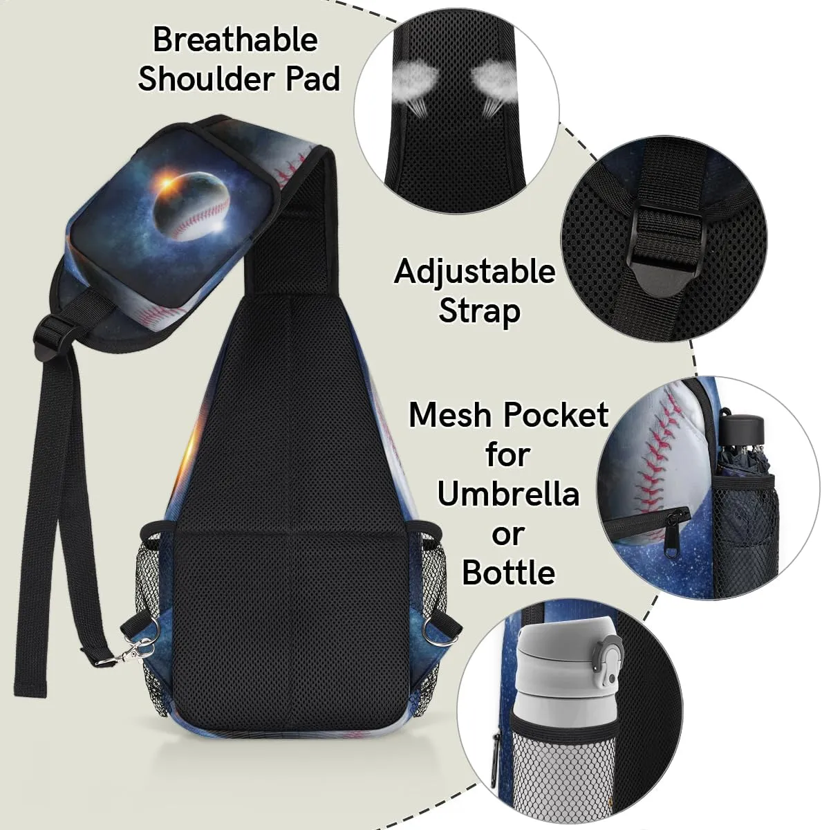 Baseball In Galaxy Sling Bag for Women Men Crossbody Sling Backpack Shoulder Bag Chest Bag Daypack for Travel Hiking Outdoor