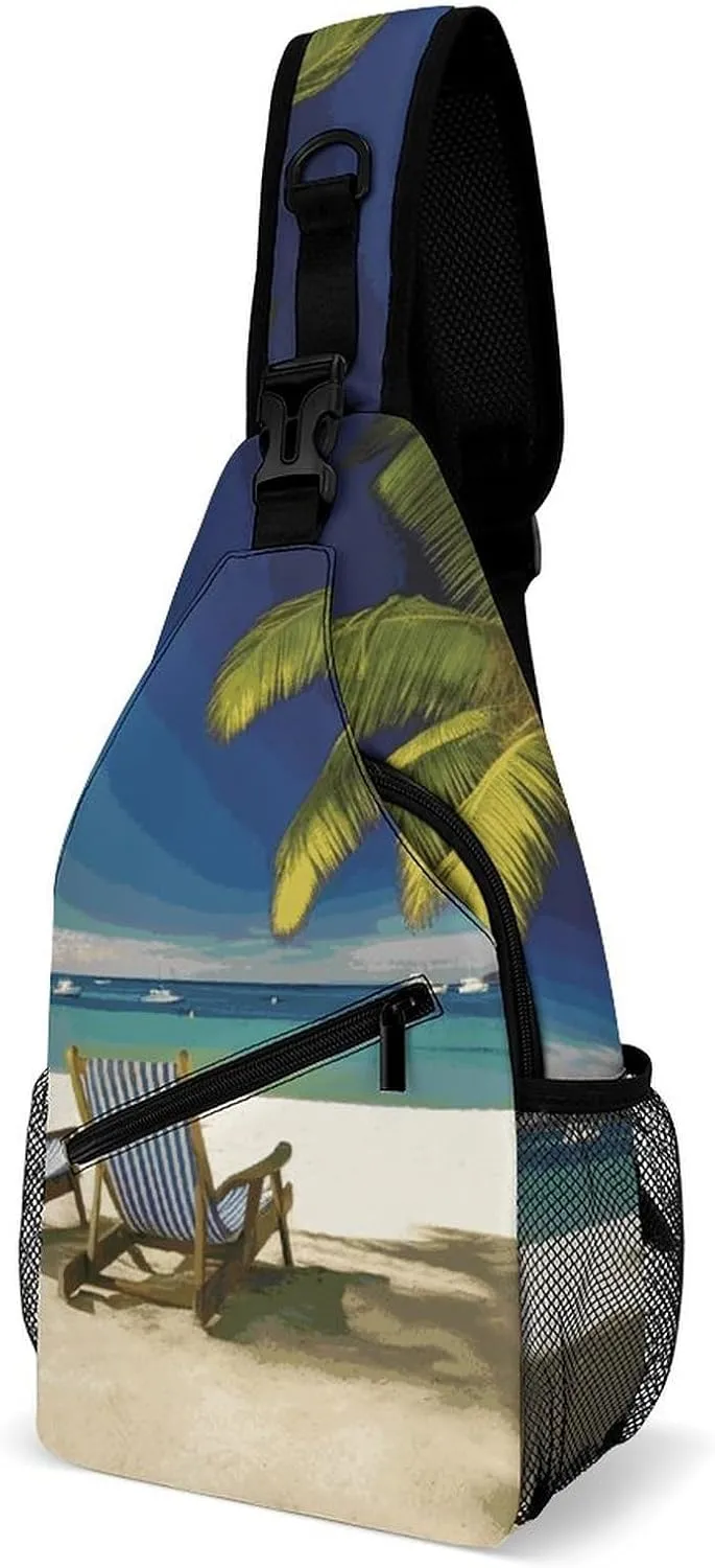 Beach Palm Tree Chairs Boats Crossbody Sling Bag for Men Hiking Backpack Travel Chest Bag Man Purse Shoulder Bags Daypack