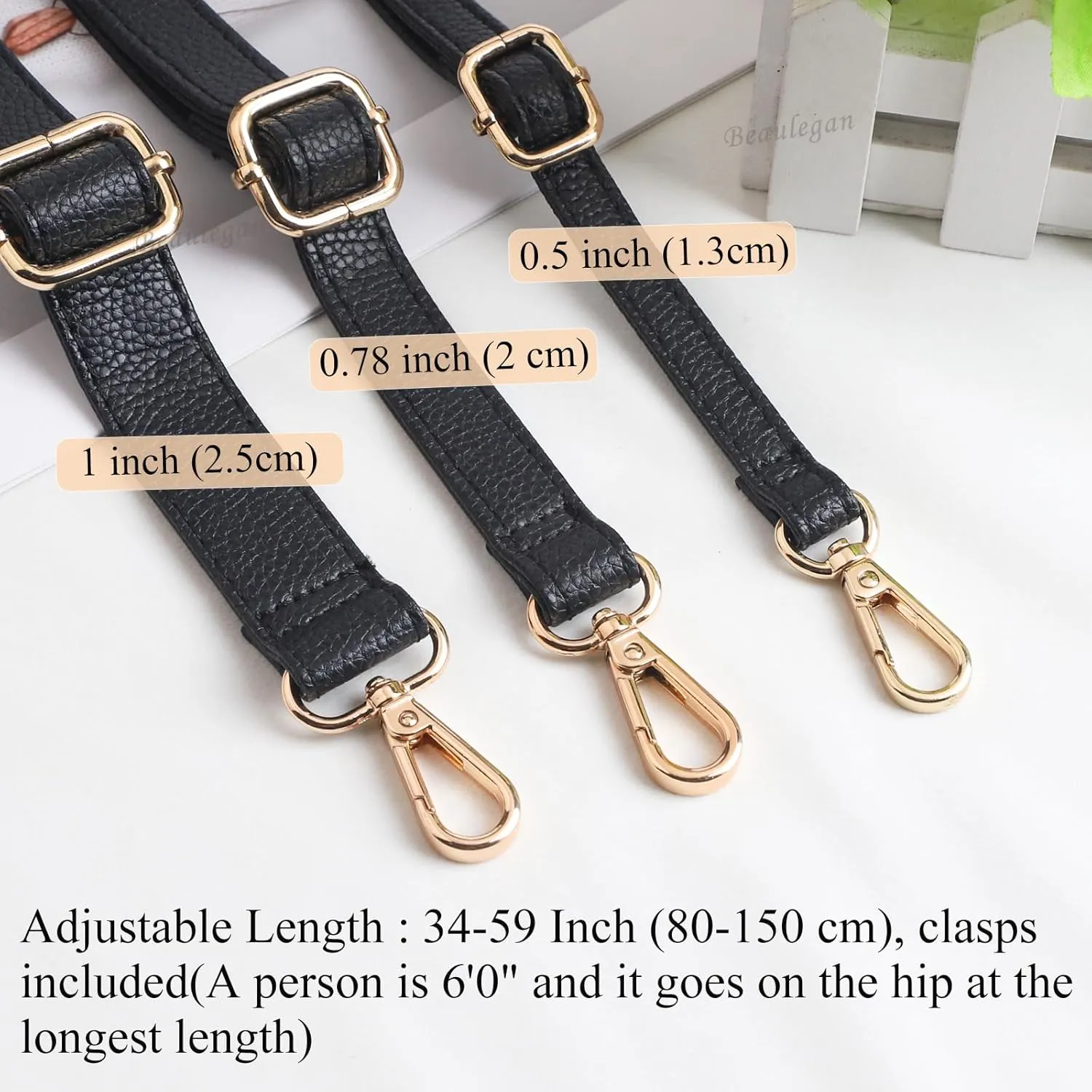 BEAULEGAN Purse Strap Replacement - Full Grain Microfiber Leather - 59 Inch Long Adjustable for Crossbody Shoulder Bag - 1 Inch Wide, Black/Gold