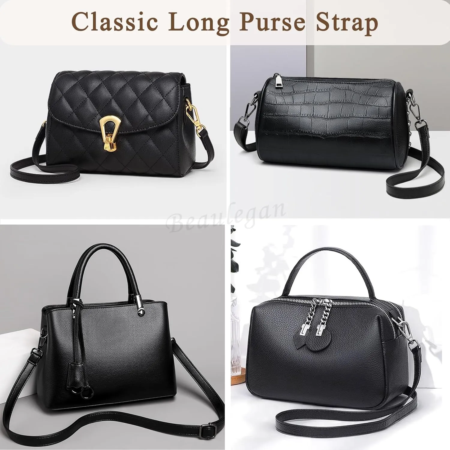 BEAULEGAN Purse Strap Replacement - Full Grain Microfiber Leather - 59 Inch Long Adjustable for Crossbody Shoulder Bag - 1 Inch Wide, Black/Gold
