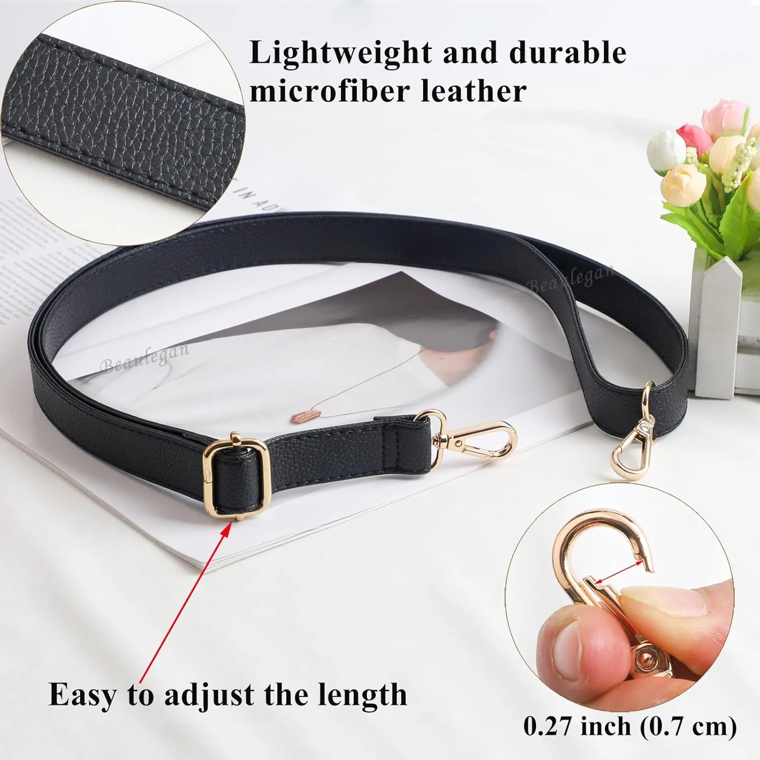 BEAULEGAN Purse Strap Replacement - Full Grain Microfiber Leather - 59 Inch Long Adjustable for Crossbody Shoulder Bag - 1 Inch Wide, Black/Gold