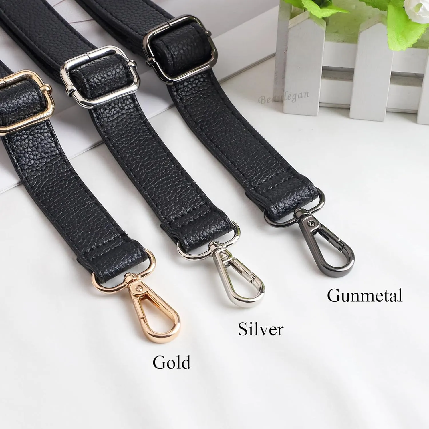 BEAULEGAN Purse Strap Replacement - Full Grain Microfiber Leather - 59 Inch Long Adjustable for Crossbody Shoulder Bag - 1 Inch Wide, Black/Gold