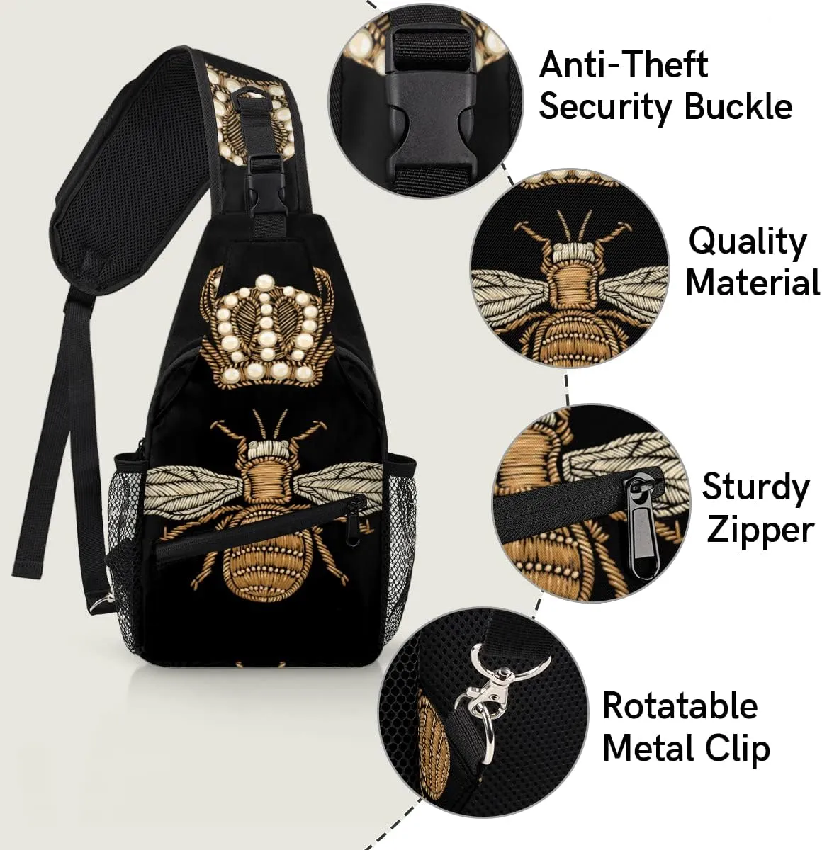Bee Pattern Sling Bag Crossbody Sling Backpack Water Resistant Shoulder Bag Outdoor Travel Hiking Chest Bag Daypack for Women Men Unisex