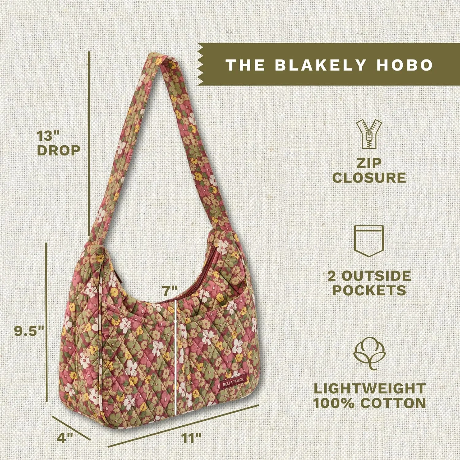 Bella Taylor Blakely - Hobo Shoulder Bag for Women - Lightweight Quilted Fabric Purse with Pockets