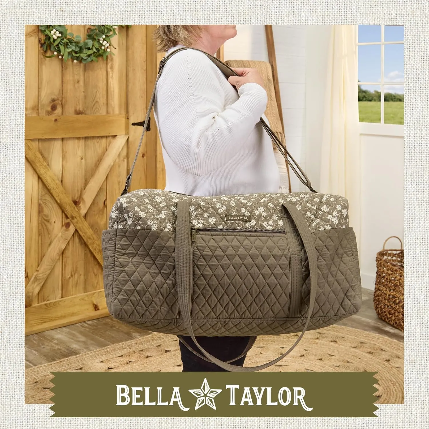 Bella Taylor Quilted Cotton Duffel Bag |Large Carry On Travel and Weekender Bag For Women| Woodland Floral