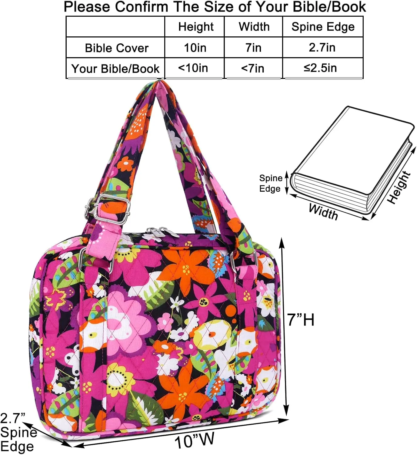 Bible Cover for Women with Adjustable Straps, Large Study Bible Carrying Case Bag with Zip Pocket, 10x7x2.7 Inches