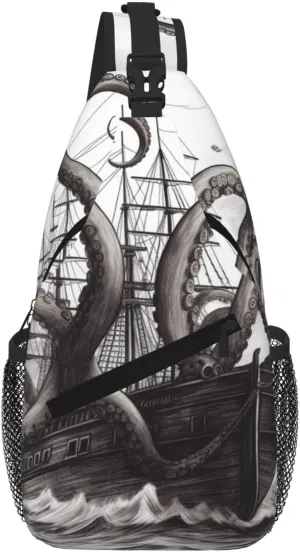 Black And White Octopus And Ship Sling Bag For Women Men Travel Hiking Backpack Crossbody Shoulder Chest Bags Casual Daypack