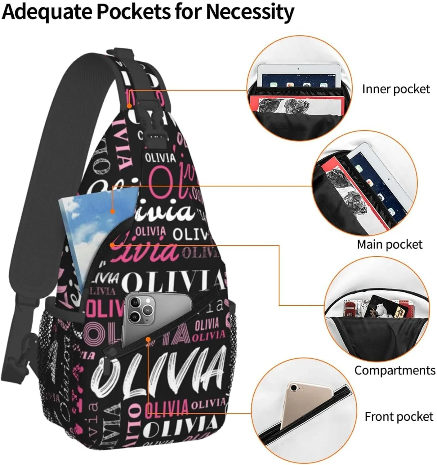 Black Custom Sling Bag for Women Men Personalized Crossbody Sling Backpack with Name Photo Text Image Customized Chest Bag for Outdoor Travel Sport Hiking Daypack