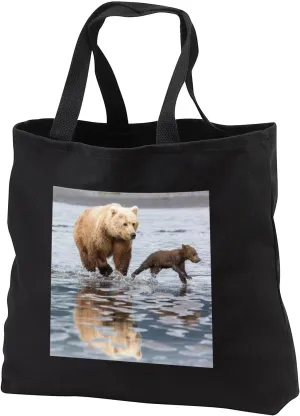 Black Tote Bag JUMBO 20w x 15h x 5d - Coastal Grizzly bear mother and cubs running, Lake Clark NP, Alaska. Baby animals