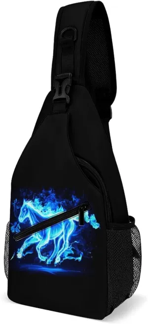 Blue Fire Flaming Horse Crossbody Bag Multipurpose Over Shoulder Sling Backpack Travel Chest Side Pouch Daypack