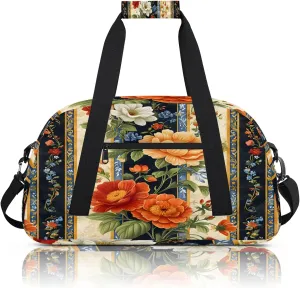Boho Floral Colorful Vintage Flower Small Gym Bag 18 inch Carry On Duffel Bag for Weekender Travel Sports Workout Yoga Gymnastics Dance Ballet